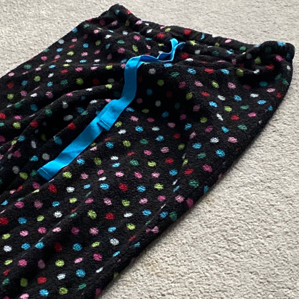 Size large, sleepwear, black with polkadots all over elastic waist